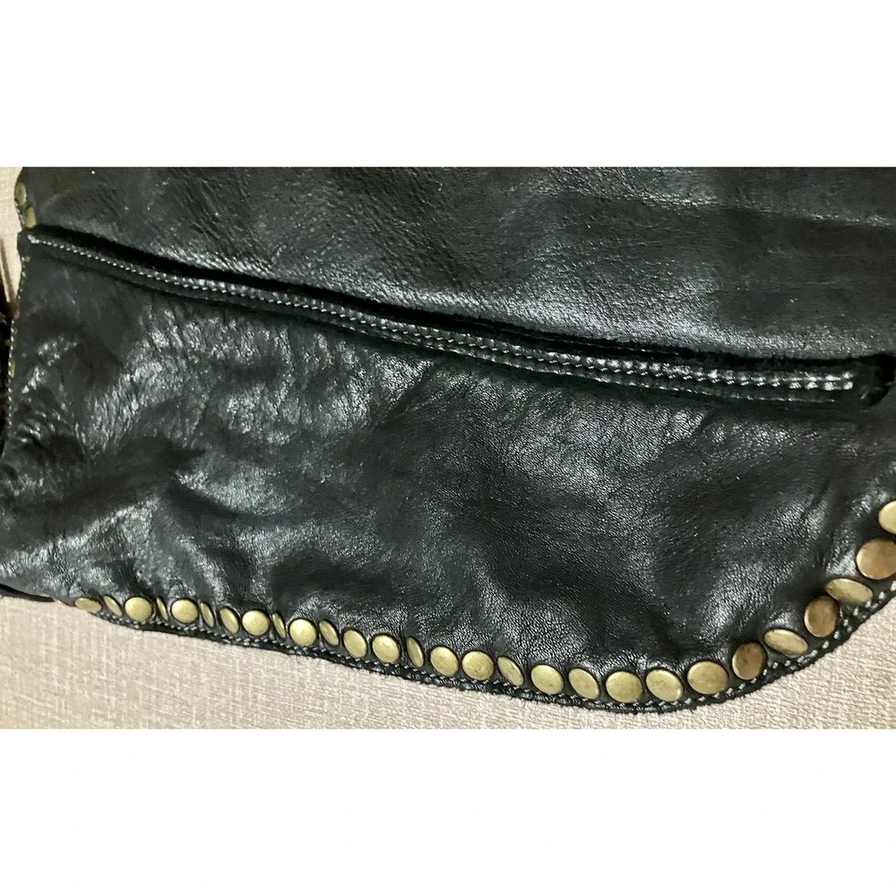 Bolsa Nova Anna Hobo Italian Black Washed Supple Leather Studded Shoulder Bag